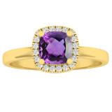 10K Yellow Gold 5.3 MM Cushion Amethyst & Round Diamond Ladies Halo Engagement Ring