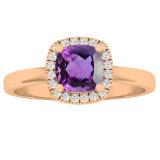 18K Rose Gold 5.3 MM Cushion Amethyst & Round Diamond Ladies Halo Engagement Ring