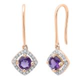 14K Rose Gold 5 MM Each Round Amethyst & White Diamond Ladies Halo Dangling Drop Earrings