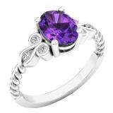 10K White Gold 8X6 MM Oval Amethyst & Round White Diamond Ladies Unique Vintage Engagement Ring