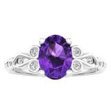10K White Gold 8X6 MM Oval Amethyst & Round White Diamond Ladies Unique Vintage Engagement Ring