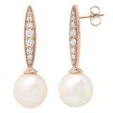 10K Rose Gold 8 MM Each Round White Freshwater Pearls & Diamond Ladies Drop Earrings