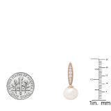 10K Rose Gold 8 MM Each Round White Freshwater Pearls & Diamond Ladies Drop Earrings