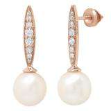 10K Rose Gold 8 MM Each Round White Freshwater Pearls & Diamond Ladies Drop Earrings
