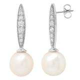 10K White Gold 8 MM Each Round White Freshwater Pearls & Diamond Ladies Drop Earrings