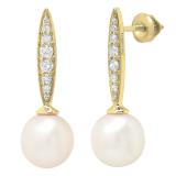 10K Yellow Gold 8 MM Each Round White Freshwater Pearls & Diamond Ladies Drop Earrings