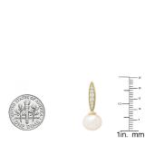 10K Yellow Gold 8 MM Each Round White Freshwater Pearls & Diamond Ladies Drop Earrings