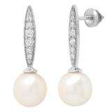 14K White Gold 8 MM Each Round White Freshwater Pearls & Diamond Ladies Drop Earrings