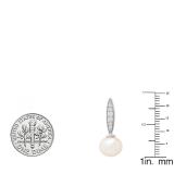 14K White Gold 8 MM Each Round White Freshwater Pearls & Diamond Ladies Drop Earrings