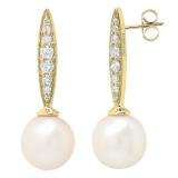14K Yellow Gold 8 MM Each Round White Freshwater Pearls & Diamond Ladies Drop Earrings