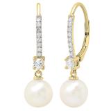 10K Yellow Gold 8 MM Each Round White Freshwater Pearls & Diamond Ladies Drop Earrings