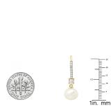 10K Yellow Gold 8 MM Each Round White Freshwater Pearls & Diamond Ladies Drop Earrings