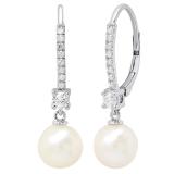 14K White Gold 8 MM Each Round White Freshwater Pearls & Diamond Ladies Drop Earrings