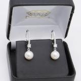 14K White Gold 8 MM Each Round White Freshwater Pearls & Diamond Ladies Drop Earrings