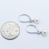 14K White Gold 8 MM Each Round White Freshwater Pearls & Diamond Ladies Drop Earrings