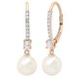 18K Rose Gold 8 MM Each Round White Freshwater Pearls & Diamond Ladies Drop Earrings