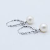 18K White Gold 8 MM Each Round White Freshwater Pearls & Diamond Ladies Drop Earrings