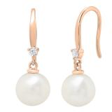 10K Rose Gold 8 MM Each Round White Freshwater Pearls & Diamond Ladies Drop Earrings