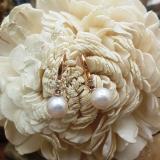 10K Rose Gold 8 MM Each Round White Freshwater Pearls & Diamond Ladies Drop Earrings