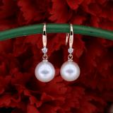10K Rose Gold 8 MM Each Round White Freshwater Pearls & Diamond Ladies Drop Earrings