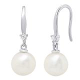 10K White Gold 8 MM Each Round White Freshwater Pearls & Diamond Ladies Drop Earrings