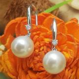 10K White Gold 8 MM Each Round White Freshwater Pearls & Diamond Ladies Drop Earrings