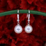 14K White Gold 8 MM Each Round White Freshwater Pearls & Diamond Ladies Drop Earrings