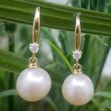 14K Yellow Gold 8 MM Each Round White Freshwater Pearls & Diamond Ladies Drop Earrings