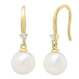 18K Yellow Gold 8 MM Each Round White Freshwater Pearls & Diamond Ladies Drop Earrings
