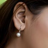18K Yellow Gold 8 MM Each Round White Freshwater Pearls & Diamond Ladies Drop Earrings