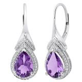 14K White Gold 10X7 MM Each Pear Amethyst & Round Diamond Ladies Drop Earrings