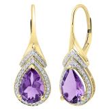 18K Yellow Gold 10X7 MM Each Pear Amethyst & Round Diamond Ladies Drop Earrings