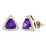 10K Rose Gold 6 MM Trillion Amethyst & Round White Diamond Ladies Halo Stud Earrings