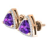 10K Rose Gold 6 MM Trillion Amethyst & Round White Diamond Ladies Halo Stud Earrings