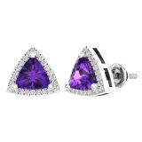 10K White Gold 6 MM Trillion Amethyst & Round White Diamond Ladies Halo Stud Earrings