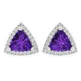 10K White Gold 6 MM Trillion Amethyst & Round White Diamond Ladies Halo Stud Earrings