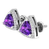 10K White Gold 6 MM Trillion Amethyst & Round White Diamond Ladies Halo Stud Earrings