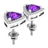 10K White Gold 6 MM Trillion Amethyst & Round White Diamond Ladies Halo Stud Earrings