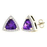 10K Yellow Gold 6 MM Trillion Amethyst & Round White Diamond Ladies Halo Stud Earrings