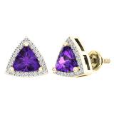 14K Yellow Gold 6 MM Trillion Amethyst & Round White Diamond Ladies Halo Stud Earrings