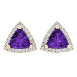 14K Yellow Gold 6 MM Trillion Amethyst & Round White Diamond Ladies Halo Stud Earrings