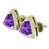 14K Yellow Gold 6 MM Trillion Amethyst & Round White Diamond Ladies Halo Stud Earrings