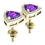14K Yellow Gold 6 MM Trillion Amethyst & Round White Diamond Ladies Halo Stud Earrings