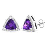 18K White Gold 6 MM Trillion Amethyst & Round White Diamond Ladies Halo Stud Earrings