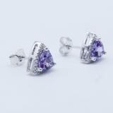 18K White Gold 6 MM Trillion Amethyst & Round White Diamond Ladies Halo Stud Earrings