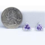 18K White Gold 6 MM Trillion Amethyst & Round White Diamond Ladies Halo Stud Earrings