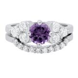 10K White Gold 6.5 MM Round Amethyst & White Diamond Ladies Bridal Engagement Ring Set