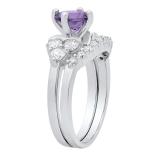 10K White Gold 6.5 MM Round Amethyst & White Diamond Ladies Bridal Engagement Ring Set