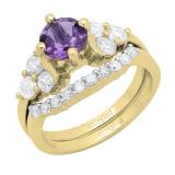 14K Yellow Gold 6.5 MM Round Amethyst & White Diamond Ladies Bridal Engagement Ring Set