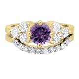 14K Yellow Gold 6.5 MM Round Amethyst & White Diamond Ladies Bridal Engagement Ring Set